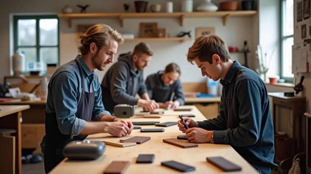 Utrecht workshop interior with craftspeople working on phone cases at wooden tables, natural window light, organized workspace with leather swatches and tools visible