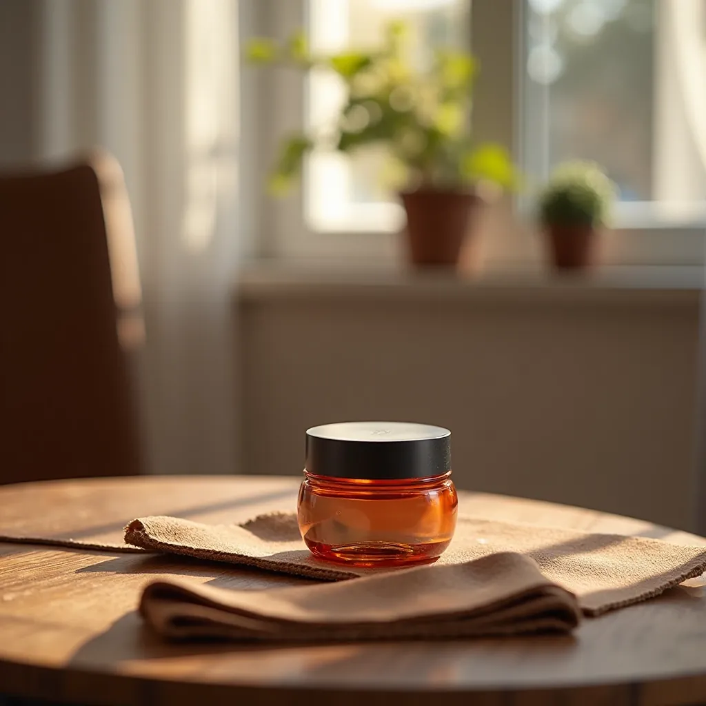 Leather care products arrangement with natural leather conditioning cream and soft cloth on wooden surface, demonstrating proper maintenance for leather cases